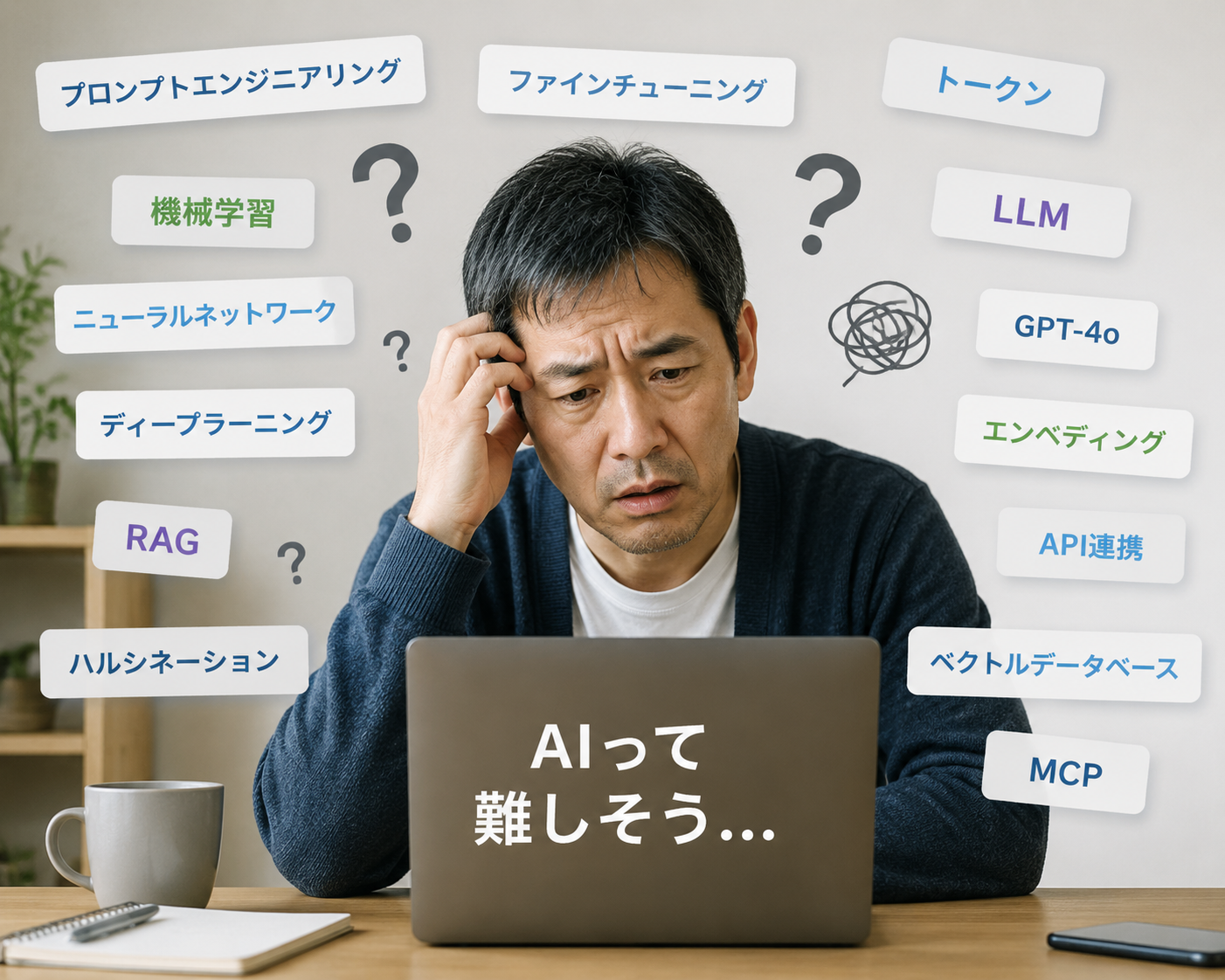 AI用語エンジニアリング、ファインチューニング、トークンなど聞き慣れない言葉に囲まれ、頭を抱える50代男性のイメージ