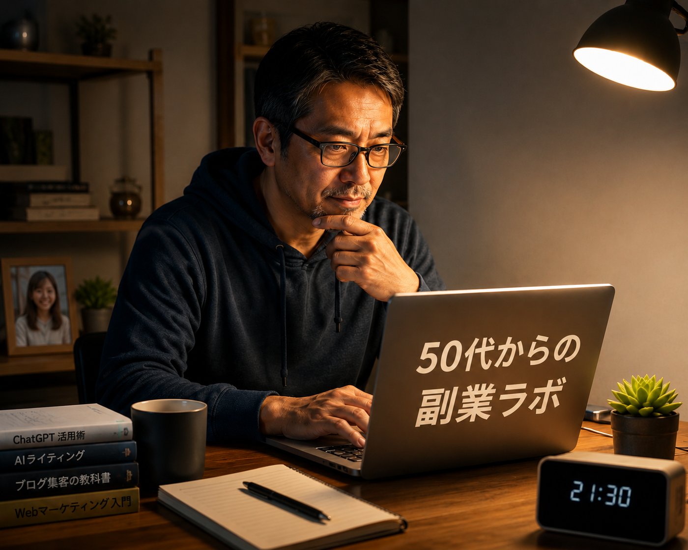 夜、PCに向かって副業に取り組む様子