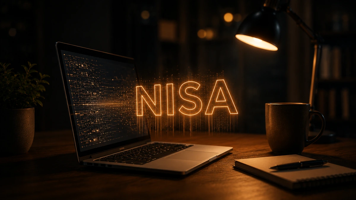夜のデスクに浮かぶ、ネオンオレンジに光る「NISA」の文字。ノートパソコンやコーヒーが並ぶ、NISA制度を象徴するイメージ